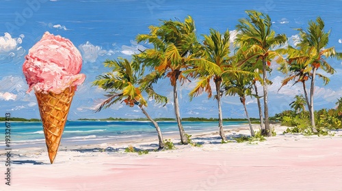 Sweet frozen dessert balances precariously on a tropical beach scene depicted in oil paint style