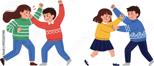 Set of Angry Children Fighting and Arguing, Siblings Conflict and Aggressive Behavior Concept Vector Illustration