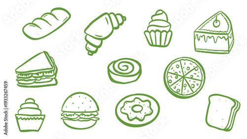 Tableau sur toile Transparent Outline Illustration of Bread, Croissant, Cupcake, Cake Slice, Sandw