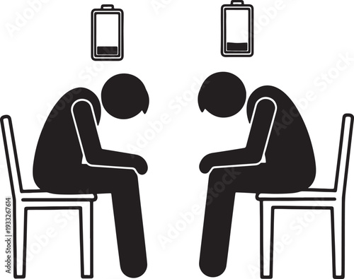Black and white of two people sitting on chairs with low battery phones also transparent background