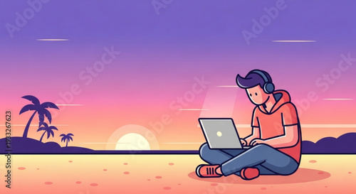 Man sitting on beach with laptop at sunset on transparent background