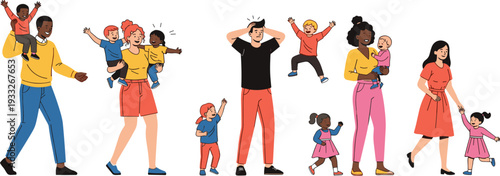 Set of Happy Diverse Parents and Playful Children, Family Life Activities and Parenthood Concept Vector Illustration