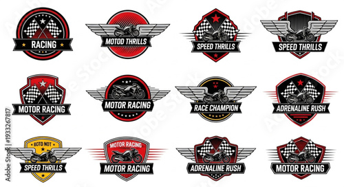 Collection of vintage motorcycle racing emblems and badges with wings and checkered flags.