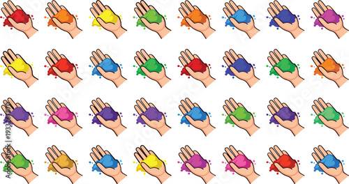 Hands holding colorful holi powder set for indian festival of colors celebration graphic elements isolated on transparent background for spring season greeting card design