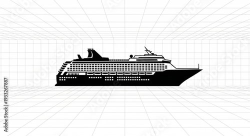 Silhouette of a large cruise ship sailing on the ocean, side view, black and white.