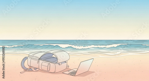 Beach scene with laptop and beach tent on sandy shore by ocean waves on transparent background