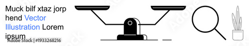 Justice, growth, analysis, clarity, decision-making, research. Black scale, magnifying glass and potted plant on a white background. Balance and research concept
