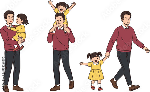 Set of Happy Father and Daughter Poses, Fatherhood and Childhood Bonding Concept Vector Illustration