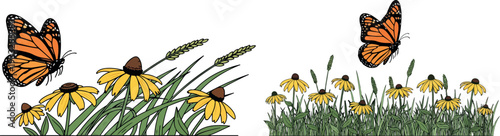 Butterfly and Wildflowers Meadow Isolated Transparent Background Flat 2D Vector