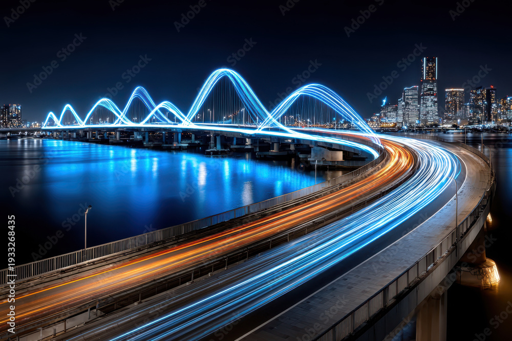 Naklejka premium Neon Blue Bridge with Light Trails at Night