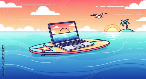 Laptop on surfboard floating on ocean with tropical island and sunset on transparent background
