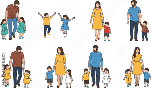 Set of Happy Parents Walking with Children, Diverse Family Outdoor Activities and Parenthood Concept Vector Illustration