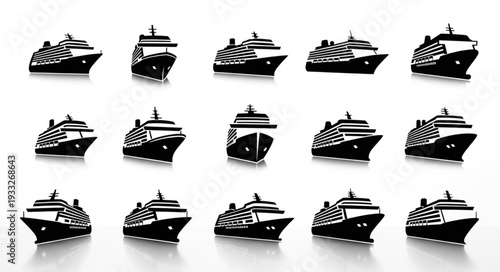 Multiple cruise ships in a row, black and white, perfect for travel concepts.