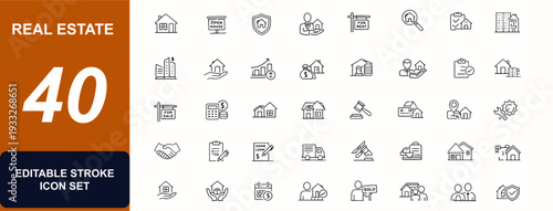 Real Estate line editable icon set. Property management, realtor, home, apartment building, mortgage loan, buying, selling, contract agreement, landlord, investment asset, housing market, inspection