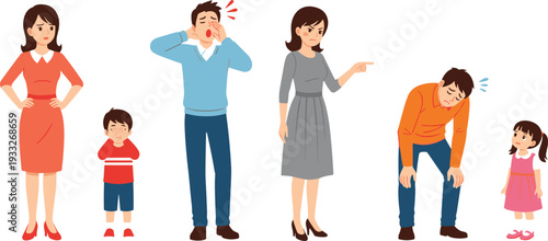 Set of People Showing Negative Emotions and Exhaustion, Stressed Parents and Crying Children Vector Illustration