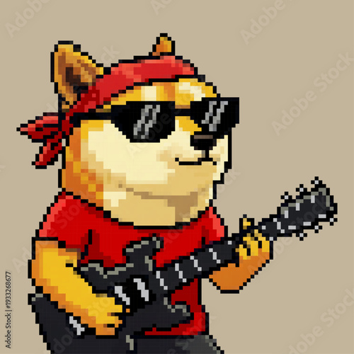 Pixel Art Doge Rock Star Playing Electric Guitar with Red Bandana and Cool Sunglasses