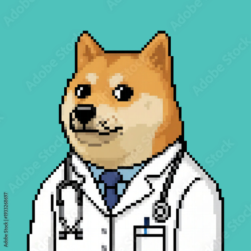 Pixel Art Shiba Inu Doctor Illustration with Stethoscope and Lab Coat on Teal Background
