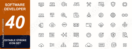 Software developer web icons in line style. API, backend, database, browser, automation, debugging, cloud, interface, testing. Editable stroke. Vector illustration.