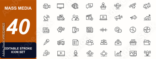 Mass Media web icons in line style. Broadcasting studio, microphone, live report, TV news, podcast, editorial press, video interview. Editable stroke. Vector illustration.