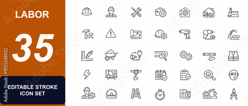 Labor web icons set. Construction worker, safety helmet, toolbox, building repair, contractor, scaffolding, machinery, blueprint. Editable stroke. Vector illustration.