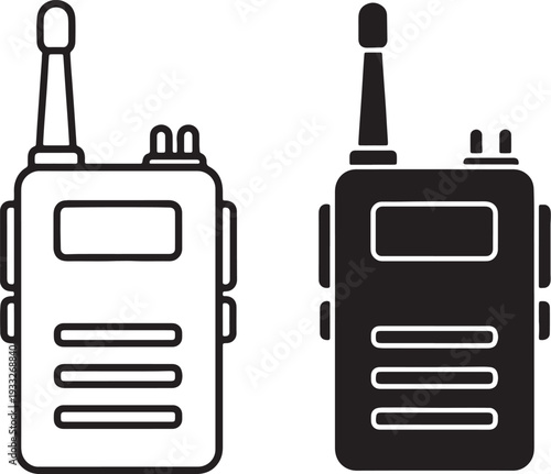 Black and white walkie talkies with antennas displayed side by side also transparent background two-way radio