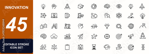 Innovation web icons in line style. Startup growth, lightbulb concept, prototype testing, AI research, workflow planning. Editable stroke. Vector illustration.