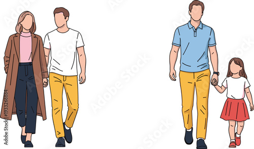 Young Couple and Father with Daughter Walking Together, Family Outdoors and Relationship Concept Vector Illustration