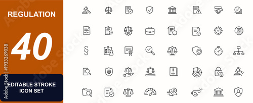 Regulation web icons in line style. Court, compliance, document, governance, penalty, authority, ethics, contract, government, checklist set. Editable stroke. Vector illustration.
