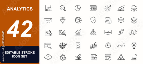 Analytics web icons in line style. Dashboard metrics, financial report, data visualization, seo chart, performance tracking, economy graph. Editable stroke. Vector illustration.