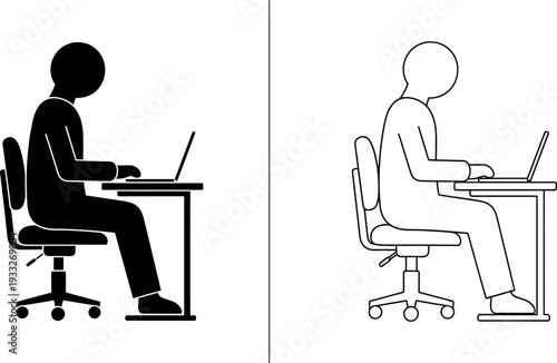 Proper sitting posture illustration for office workers using laptops
