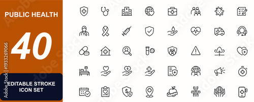 Public health web icons in line style. Hospital, prevention, clinic, emergency, hygiene, disease control, medical care icons. Editable stroke. Vector illustration.