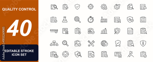 Quality control web icons in line style set. Product inspection, compliance audit, testing process, certification shield, checklist approval. Editable stroke. Vector illustration.