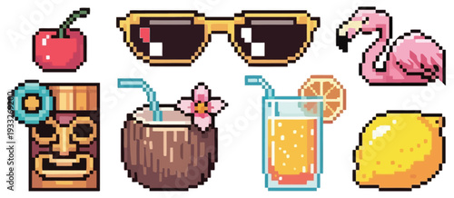 Pixel Summer Sticker Collection with Cherry, Sunglasses and Flamingo Float, Retro 8 Bit Style Icons Featuring Coconut Drink, Juice Glass and Lemon for Beach Vacation Game UI