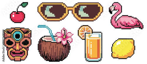 Pixel Summer Sticker Collection with Cherry, Sunglasses and Flamingo Float, Retro 8 Bit Style Icons Featuring Coconut Drink, Juice Glass and Lemon for Beach Vacation Game UI