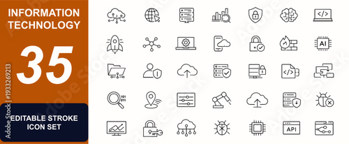 Information Technology web icons in line style. Cybersecurity shield, cloud computing, server network, data analytics, big data, online system. Editable stroke. Vector illustration.