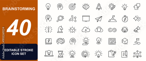 Idea editable web icons in line style. Brainstorming, light bulb, imagination, strategy, intelligence, creative solution, innovation, vision, planning. Editable stroke. Vector illustration.