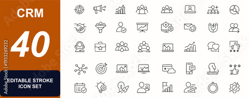 CRM web icons in line style. Sales funnel, client data, audience insights, report chart, support service, loyalty program, marketing strategy. Editable stroke. Vector illustration.