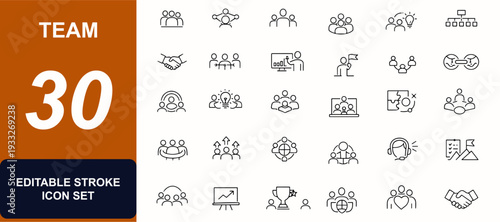 Team web icons in line style. Leadership, meeting, corporate people, collaboration, partnership, brainstorm, office staff, unity, communication. Editable stroke. Vector illustration.