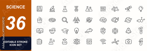 Science web icons in line style. Microscope, atom, dna, flask, telescope, neuron, lab, formula, anatomy, botany. Editable stroke. Vector illustration.