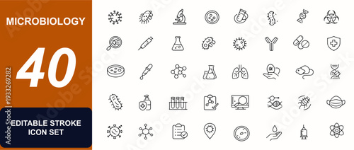 Microbiology web icons in line style. Virus research, microscope lab, petri dish culture, bacteria cell, infection analysis, biotech diagnostics. Editable stroke. Vector illustration.