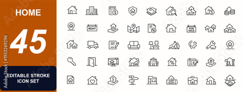Home web icons in line style. Mortgage loan, property sale, house location, landlord insurance, rental neighborhood, town housing, architecture. Editable stroke. Vector illustration.