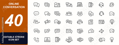 Online conversation web icons in line style. Chat bubbles, forum dialogue, group messaging, customer support, user interaction, social communication. Editable stroke. Vector illustration.