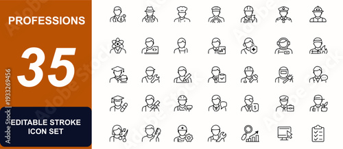Professions web icons in line style, career avatars, workforce symbols, team set. Employment, uniform, doctor, engineer, pilot, banker, architect. Editable stroke. Vector illustration.