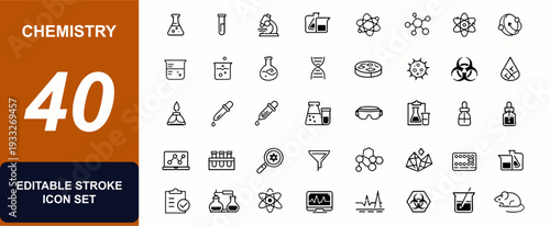 Chemistry web icons in line style. Molecular structure, laboratory flask, microscope, experiment, chemical formula, reaction tube, biotechnology. Editable stroke. Vector illustration.