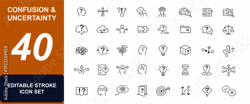Confusion and uncertainty web icons in line style. Puzzle, question bubble, indecision, problem solving, doubt emotion, thinking brain, support help. Editable stroke. Vector illustration.