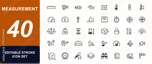 Measurement web icons in line style. Gauge indicators, ruler symbols, calibration tools, temperature scale, dimension diagram, precision instrument. Editable stroke. Vector illustration.