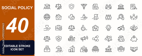 Social Policy web icons in line style. Welfare support, education reform, healthcare law, community program, equality rights, family shield. Editable stroke. Vector illustration.