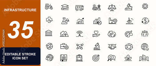 Infrastructure sectors web icons in line style. Community services, governance policy, agriculture, healthcare, energy, justice shield. Editable stroke. Vector illustration.