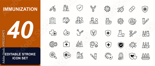 Immunization web icons in line style. Vaccination syringe, immune shield, antibody protection, virus prevention, booster dose, pharmacy. Editable stroke. Vector illustration.