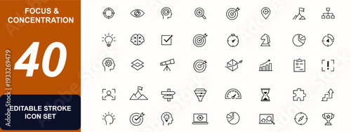 Focus and concentration web icons in line style. Productivity symbols, target, brain, workflow, attention, planning, mindfulness, UI design. Editable stroke. Vector illustration.